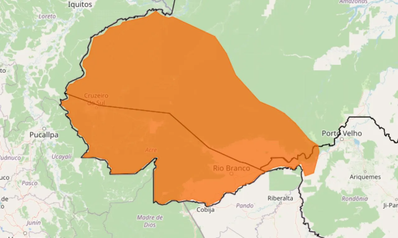 O mapa mostra as &aacute;reas em alerta laranja e ventania